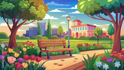 Very beautiful peaceful park scene featuring an empty wooden bench facing a distant building, surrounded by blooming flowers and soft daylight, evoking calmness, solitude, and quiet urban nature harmo