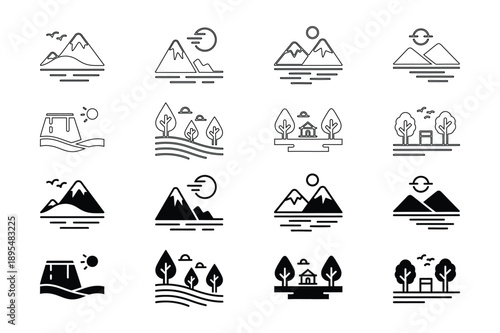 Landscape Icons: Mountains, Sun, Trees, Houses, Seasons