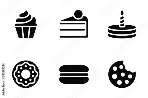 Sweet Treats Icons: Cupcake, Cake Slice, Donut, Macaron, Cookie