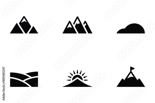 Mountain Landscape Icons: Peaks, Hills, Sun, Clouds, Flag