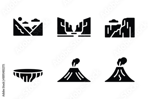 Geological Landscape Icons: Mountains, Canyons, Volcano, Plateau