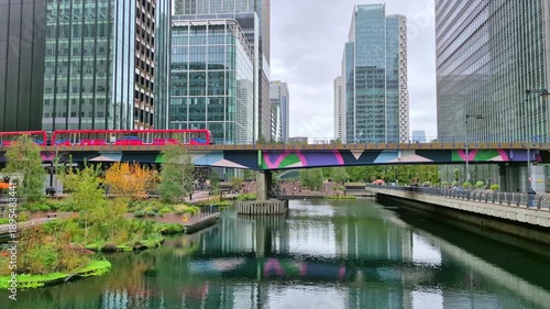 Panoramic view of Canary Wharf, business and financial area at grey raining day