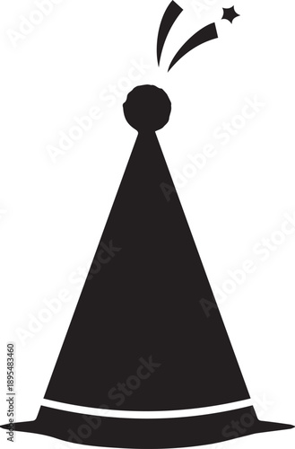 Black silhouette of a conical birthday party hat with star and ribbon decoration