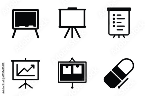 Presentation and Education Icons: Blackboard, Whiteboard, Chart, Eraser