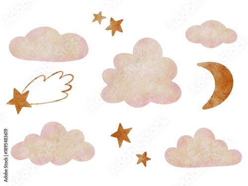 Watercolor clouds stars moon illustration on white background