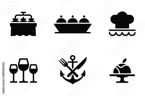 Restaurant and Food Icons: Buffet, Dishes, Chef Hat, Wine Glasses