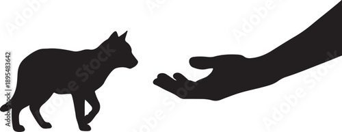 Silhouette of Human Hand Reaching Toward Cat Symbolizing Trust and Care Art and Illustration