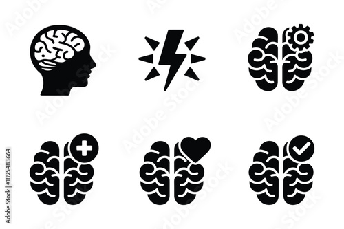 Brain and Mind Icons: Brain Silhouette, Lightning, Gears, Plus, Heart