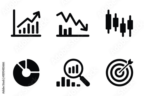 Financial and Business Chart Icons: Growth, Decline, Candlesticks, Pie