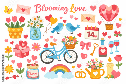 Valentine's day flat icon set. featuring flowers, birds, hearts, bicycle, calendar, ring, and gifts