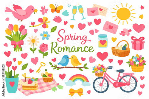 Spring romance flat icon set. featuring bird, sun, basket, bicycle, hearts, flowers, and butterfly