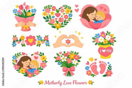 Motherly love flowers flat icon set. featuring bouquet, heart, mother, child, hands, plants, and feet symbols