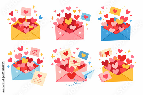 Valentine's day flat icon set. featuring envelopes, hearts, love letters, invitations, and paper planes