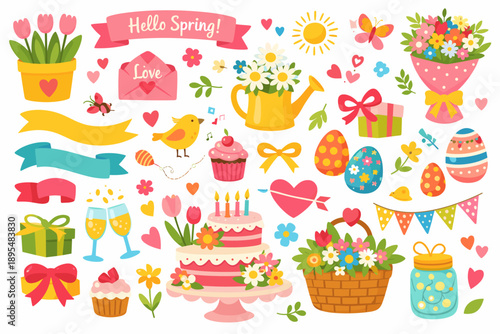 Spring celebration flat icons set. featuring flowers, cake, bird, butterfly, eggs, and gifts symbols