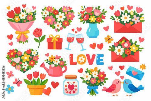 Love and romance flat icon set. featuring flowers, hearts, gifts, lovebirds, wine, and letters
