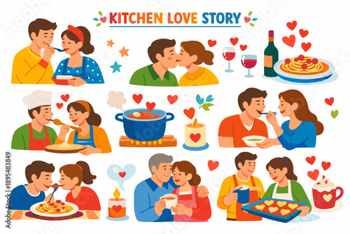 Kitchen love story flat icon set. featuring couple, cooking, meal, hearts, and wine symbols