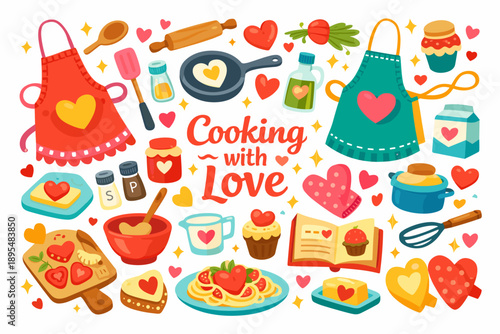 Cooking silhouette icon set. featuring aprons, cutting boards, spices, rolling pin, and mugs