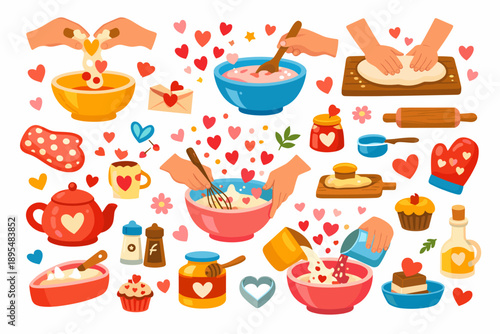Cooking and baking flat icon set. featuring mixing, baking, rolling, love, and kitchen tools