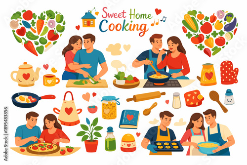Home cooking flat icon set. featuring couples cooking, vegetables, kitchenware, and food preparation