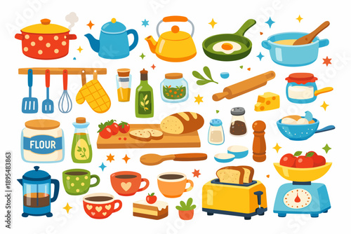 Kitchen tools flat icon set. featuring pots, pans, utensils, bread, scales, toaster, and teapots