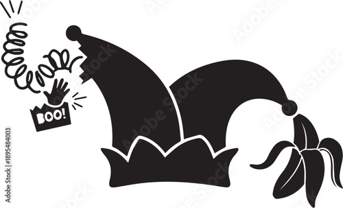 Jester hat with banana peel vector silhouette illustration isolated transparent background line art