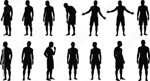 Set of black male silhouette vector illustrations featuring young men in shorts standing in various casual poses and athletic stances