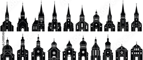 Set of black church silhouette vector illustrations featuring various cathedral architectures with steeples and domes isolated on white background for design