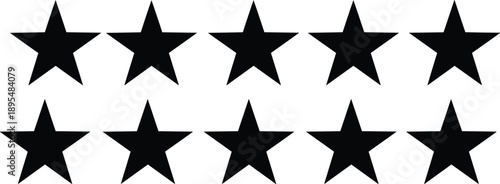 Set of black five point star silhouette vector illustrations featuring classic geometric shapes isolated on white background for design