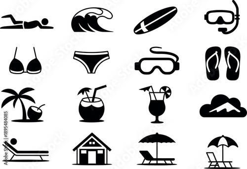 Collection of black and white icons representing various beach and summer vacation activities and elements