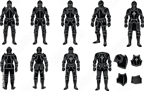 Set of black knight armor silhouette vector illustrations featuring medieval full body plate armor and historical warrior suits for gaming design