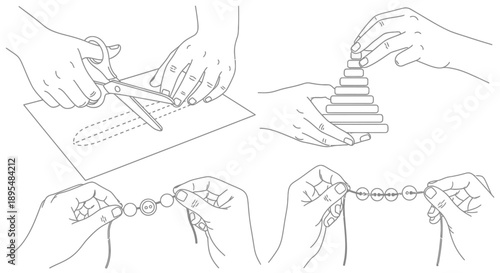 Stepwise line drawings showing hands crafting and assembling objects.