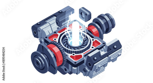 Isometric illustration of a futuristic mechanical module with gears and circuitry.