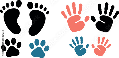 Collection of colorful handprints and footprints of humans and animals isolated on transparent background