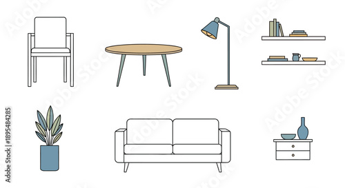 Array of Modern Home Furniture and Decor Icons in Minimalist Style.