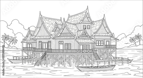 Traditional temple on stilts by the water with boats and wooden architecture scene.