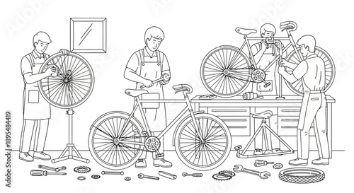 Bicycle repair workshop scene showing mechanics and riders attending to tools and wheels in a busy, collaborative setting.