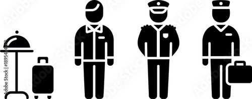 Collection of icons representing hotel staff and travel luggage for hospitality services