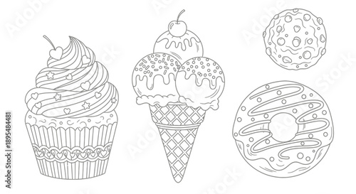 Assorted dessert items including cupcakes, ice cream cones, and a donut arranged as a playful edible trio.
