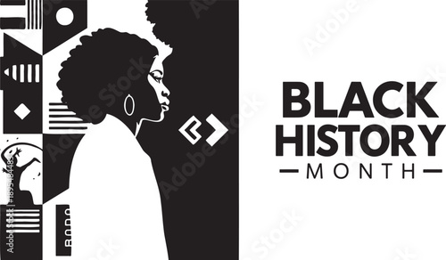 Striking black and white vector illustration celebrating black history month featuring a profile silhouette of a woman with an afro adorned with large hoop earrings set against an abstract geometric