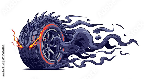Dynamic illustration of a tire with blazing flames and swirling smoke conveying high speed and kinetic energy animation.