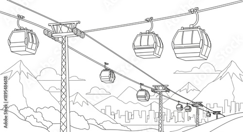 Snowy alpine landscape with a chairlift and cable cars spanning mountains and misty peaks.