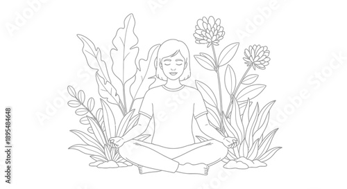 Serene line drawing of a person meditating among lush plants and blooming flowers.