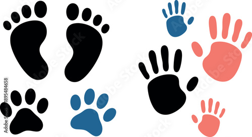Set of human footprints paw prints and handprints in various colors isolated on transparent background