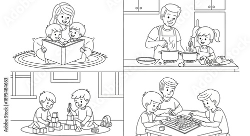 Children reading and playing together in a bright classroom scene.