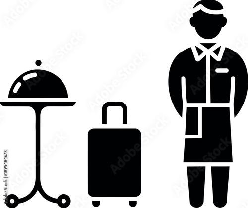 Hotel concierge or bellhop standing beside luggage cart and suitcase ready to assist guests