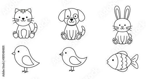 Set of simple line drawings featuring a cat, dog, rabbit, birds and a fish in a playful monochrome style.