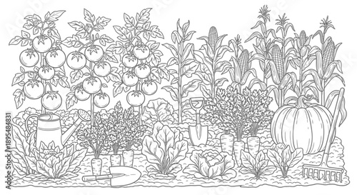 Intricate garden still life with pumpkins, gourds, herbs, and vegetables in a rustic planter arrangement.