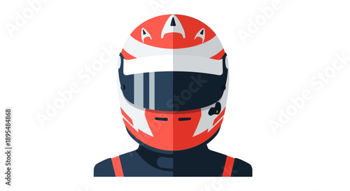 Close-up illustration of a helmeted racing driver facing forward.