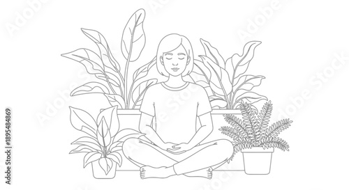 Meditating Person Surrounded by Houseplants in a Quiet Studio.