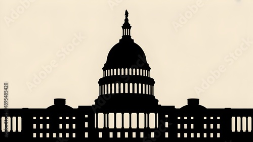  Silhouette of a grand domed government building against a soft sky, representing democracy, power, leadership, and national identity, with strong architectural symmetry and a timeless political 